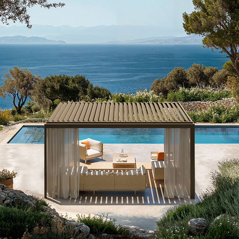 Ethimo’s Eivissa pergola, by the pool with lounge and dining areas